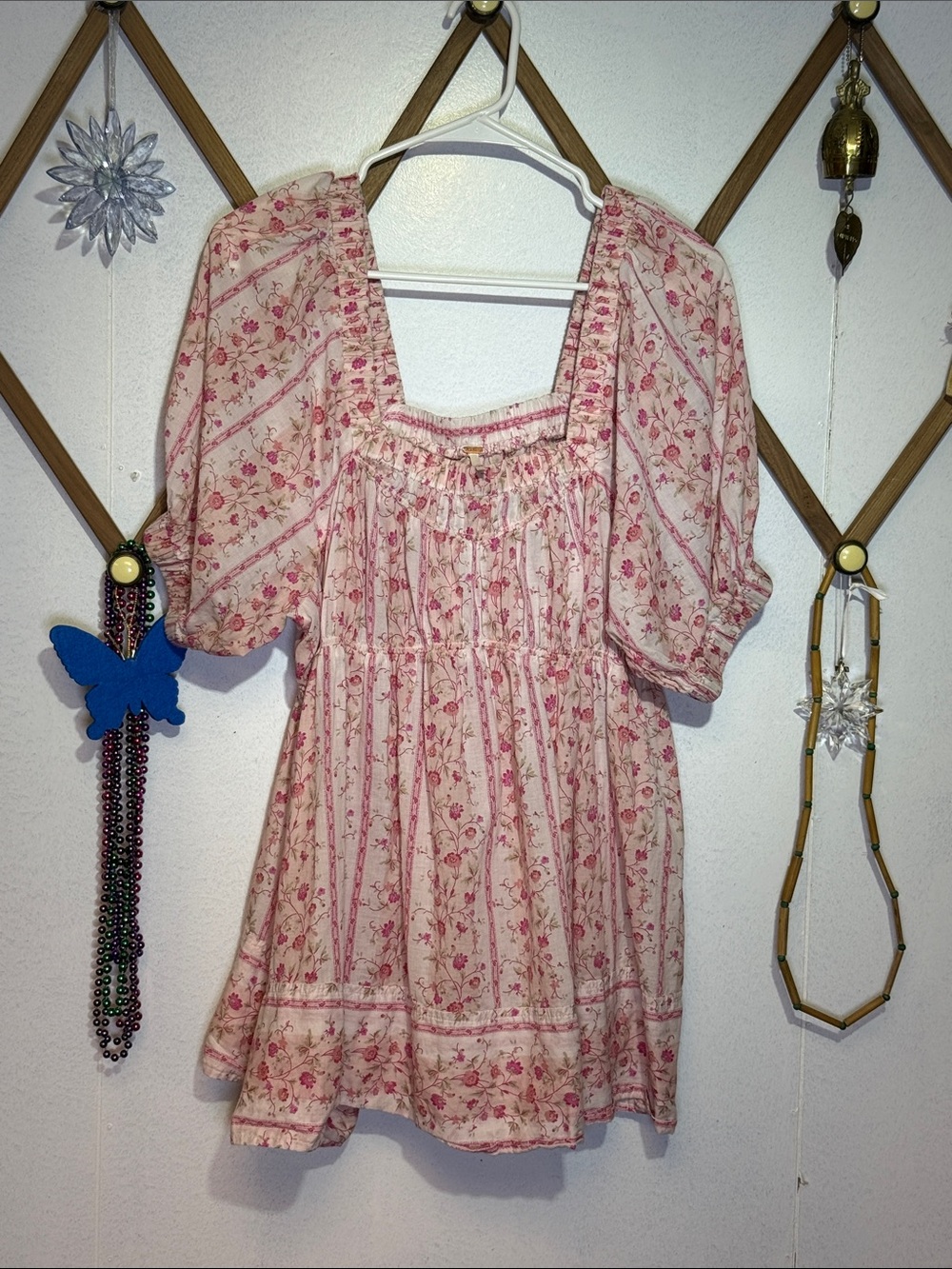 Free People Pink Floral Square-Neck Puff Sleeve Tunic Dress